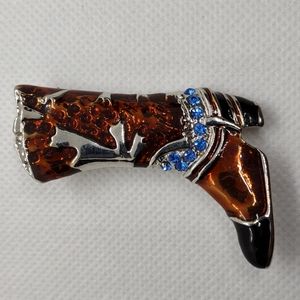Vintage Enamel & Blue Rhinestones Cowboy Boot Brooch